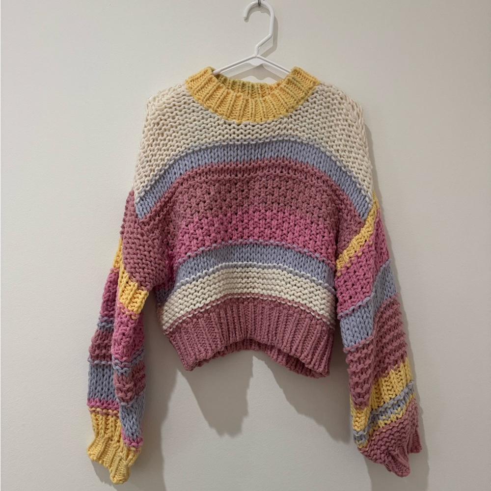 Debut Pink and Yellow Chunky Knit Crew Neck Sweater